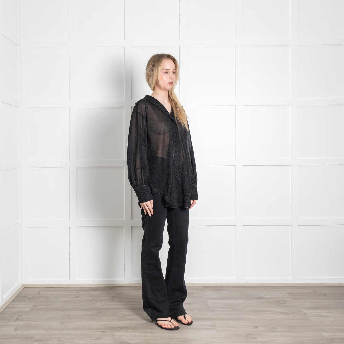 Oseree Black Lurex Sheer Oversized Blouse