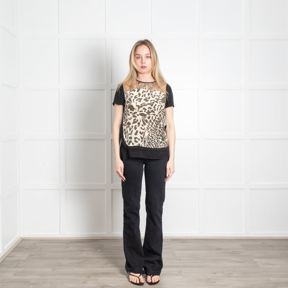 Diane Von Furstenberg Black Brown Green Animal Print Silk T-Shirt