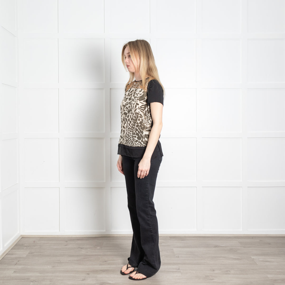 Diane Von Furstenberg Black Brown Green Animal Print Silk T-Shirt