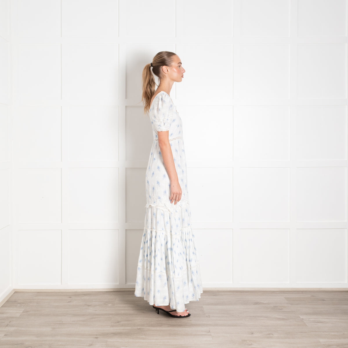 Love Shack Fancy White Cotton Maxi Dress with Pale Blue Flowers