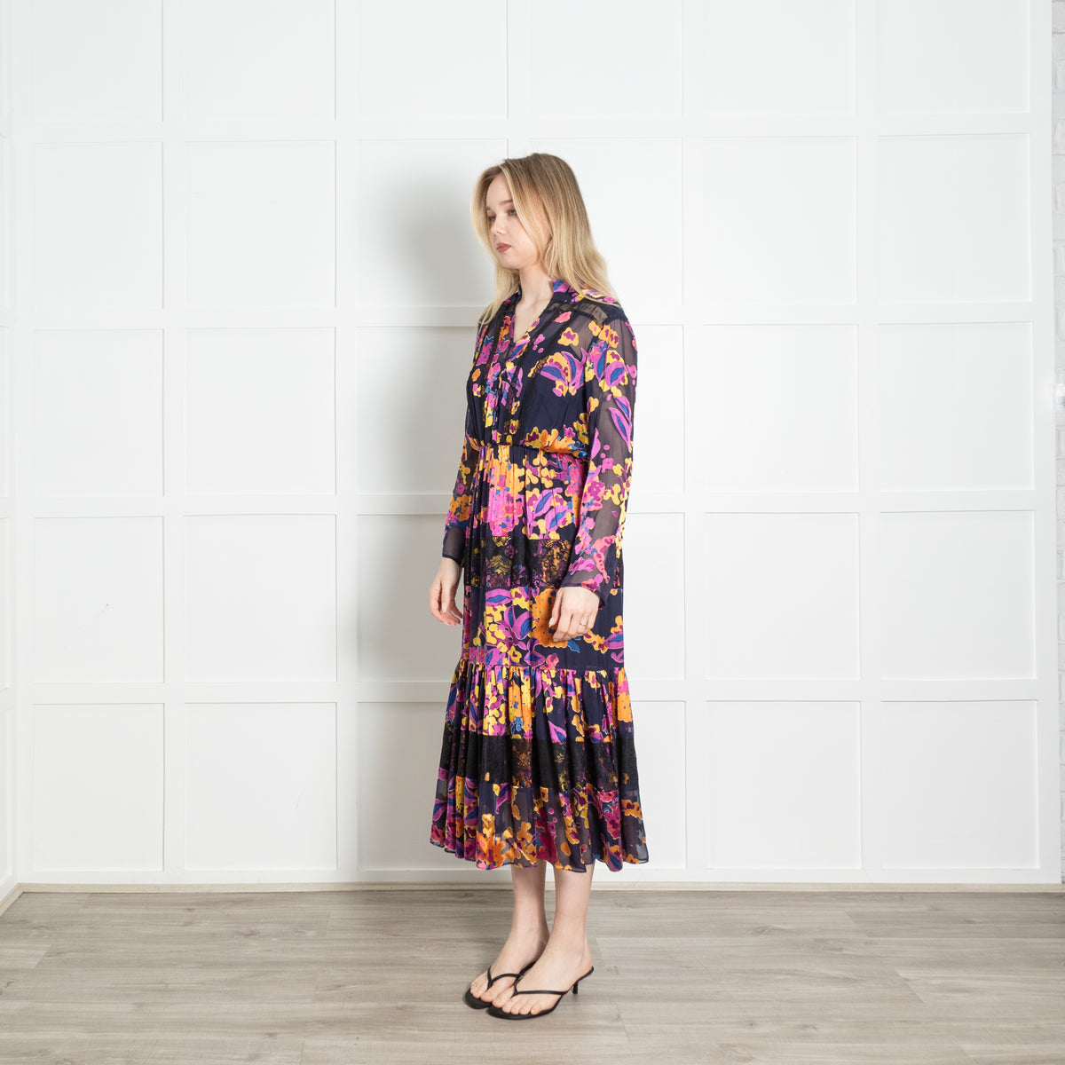 Saloni Navy Purple Yellow Floral Devore Midi Dress With Slip