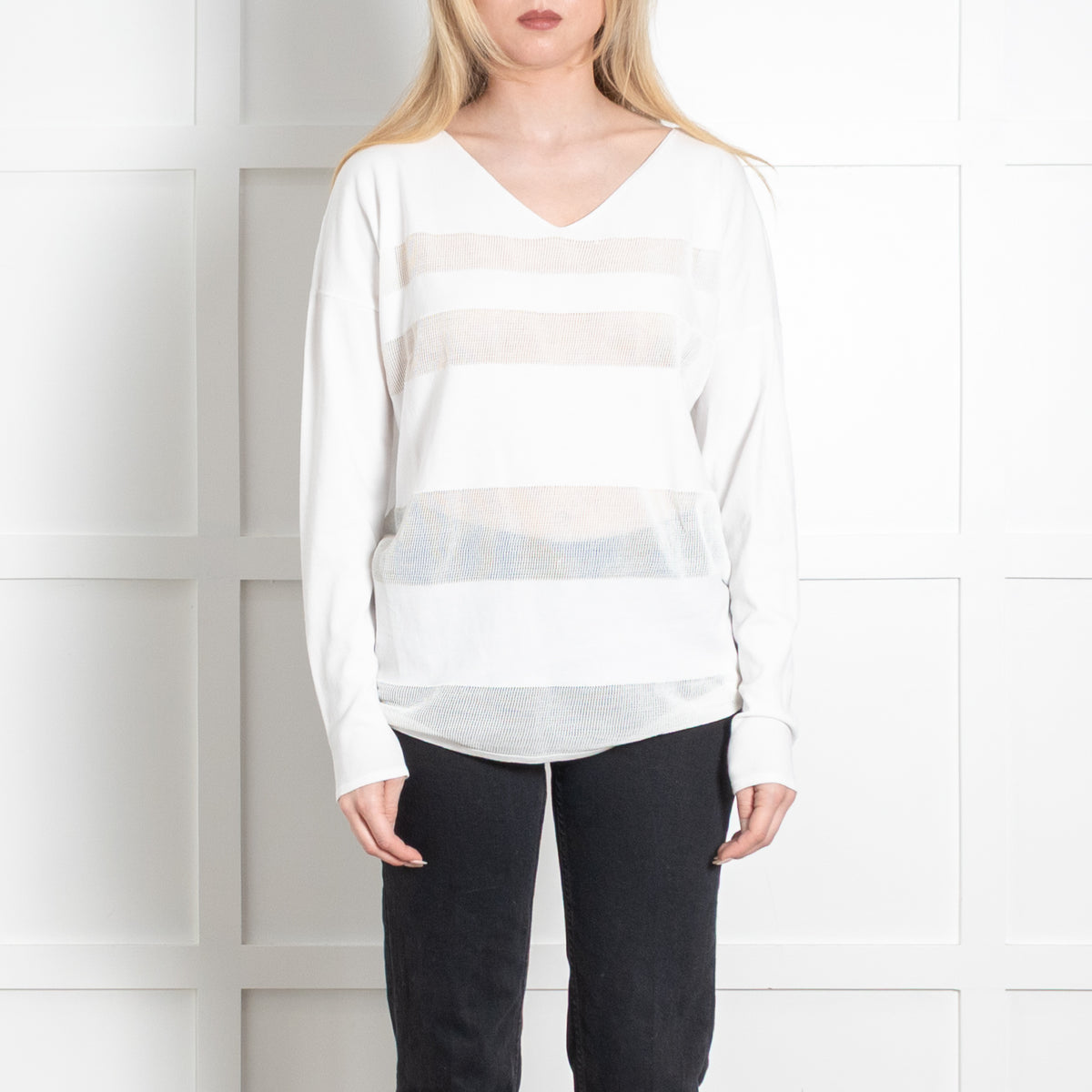 Sarah Pacini White Net Panels V-Neck Top