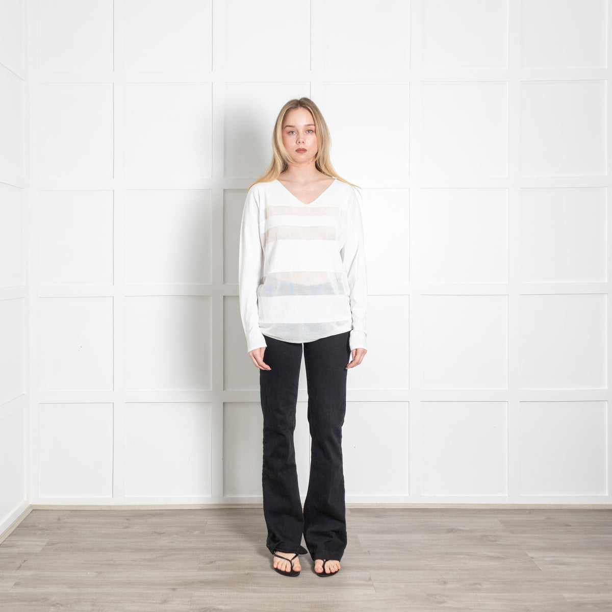 Sarah Pacini White Net Panels V-Neck Top