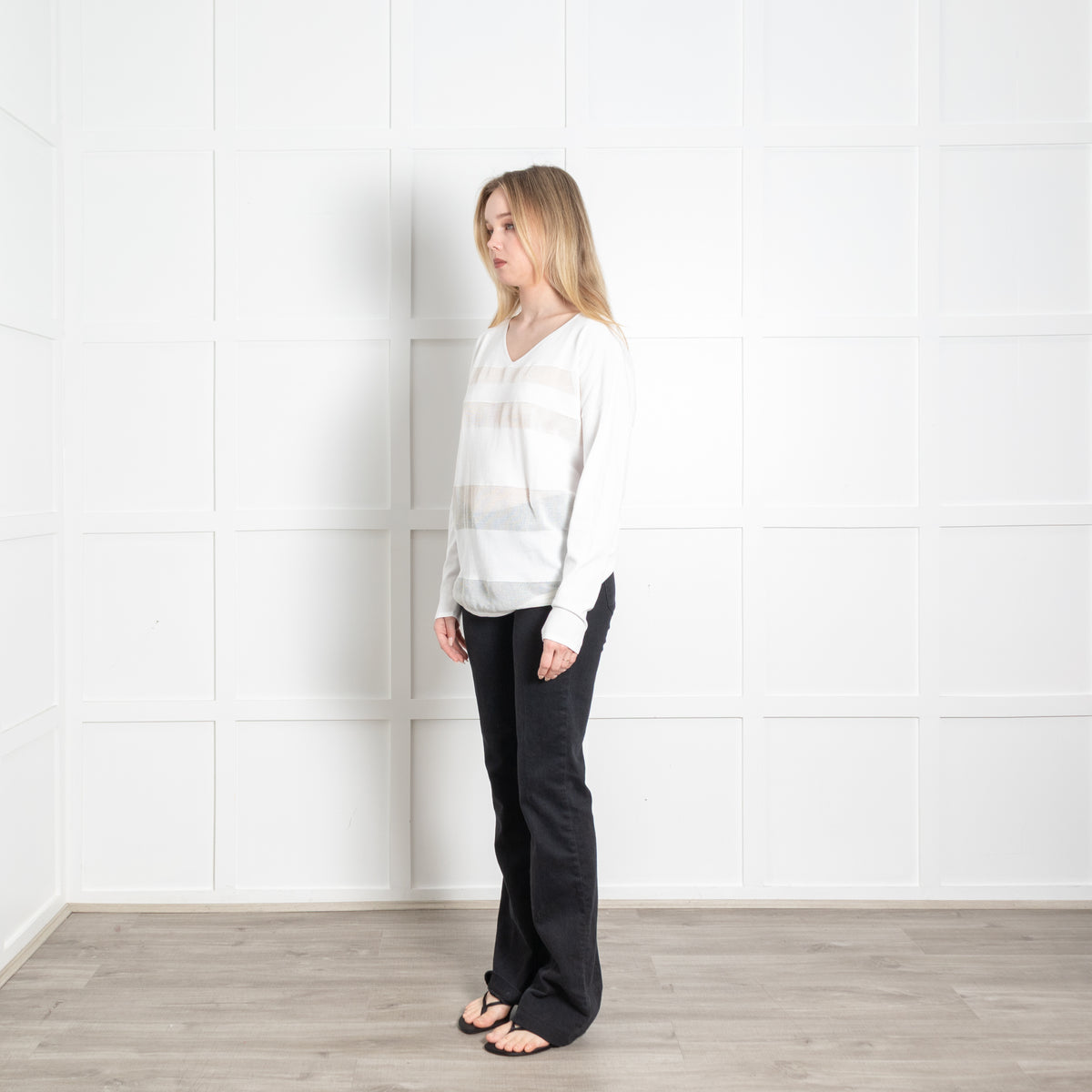 Sarah Pacini White Net Panels V-Neck Top