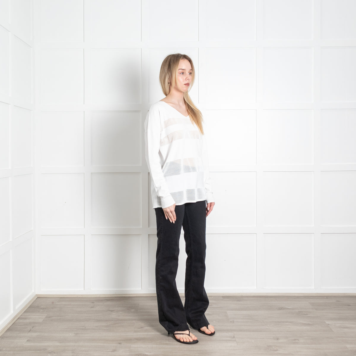 Sarah Pacini White Net Panels V-Neck Top