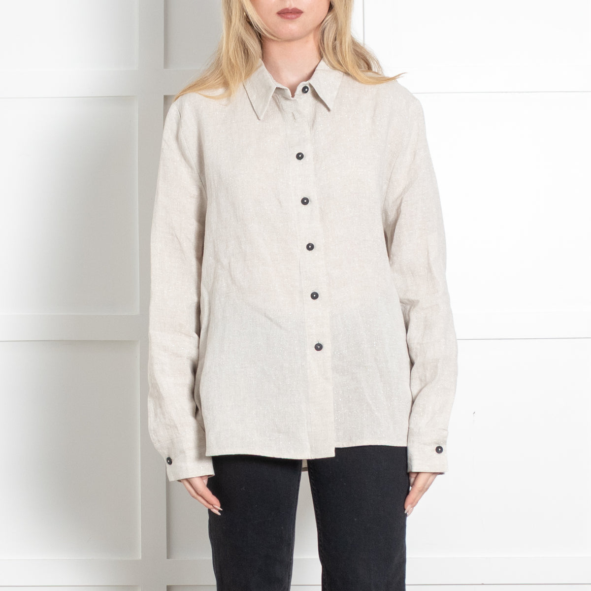 Sarah Pacini Beige Shimmer Linen Oversized Shirt