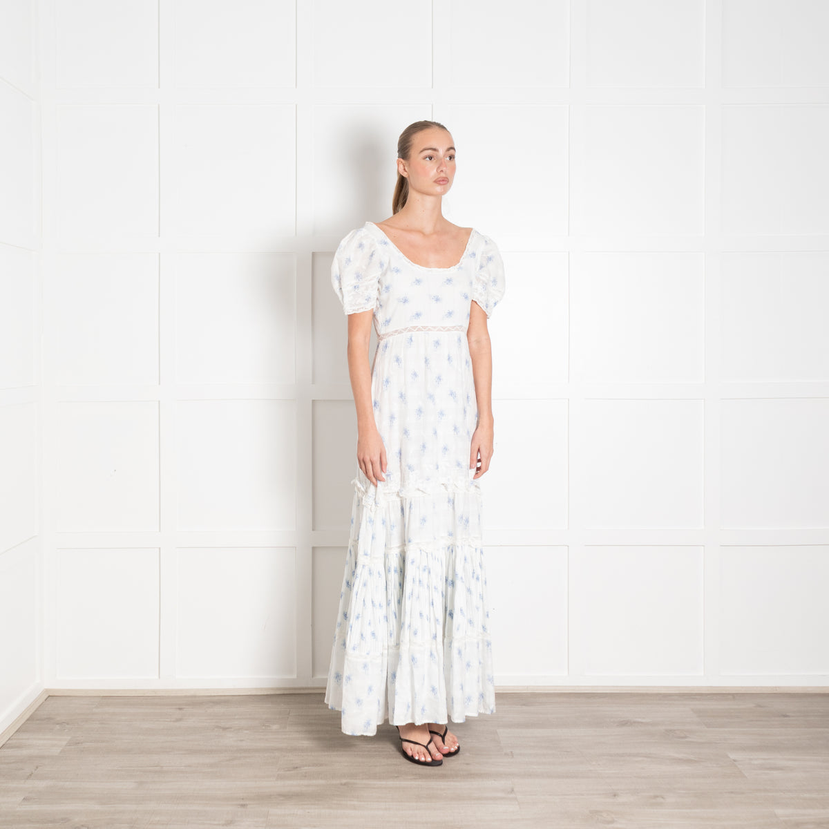 Love Shack Fancy White Cotton Maxi Dress with Pale Blue Flowers