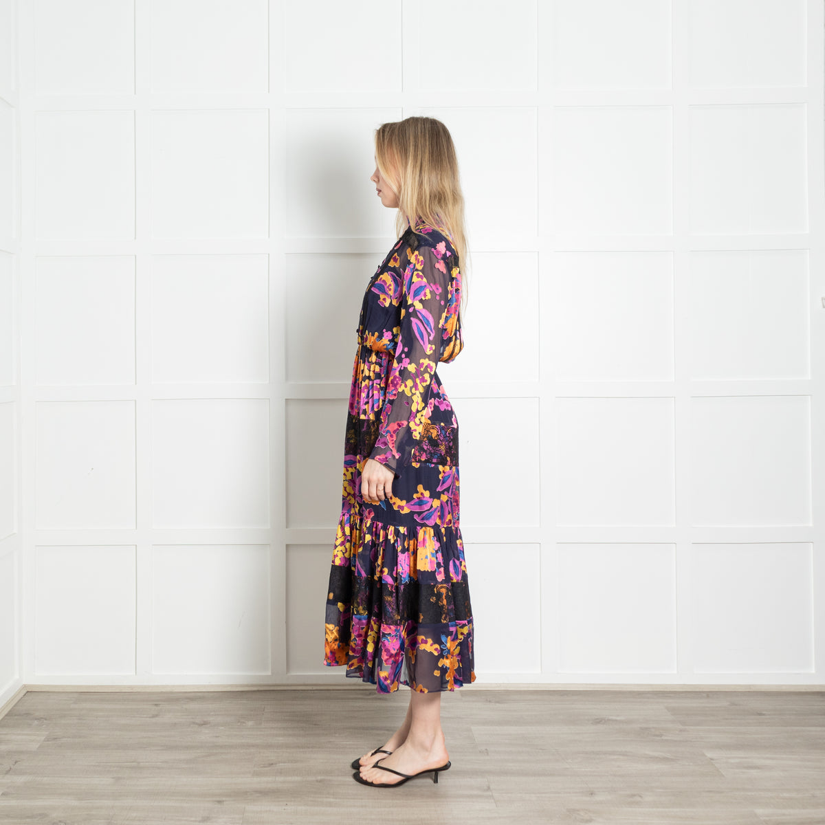 Saloni Navy Purple Yellow Floral Devore Midi Dress With Slip