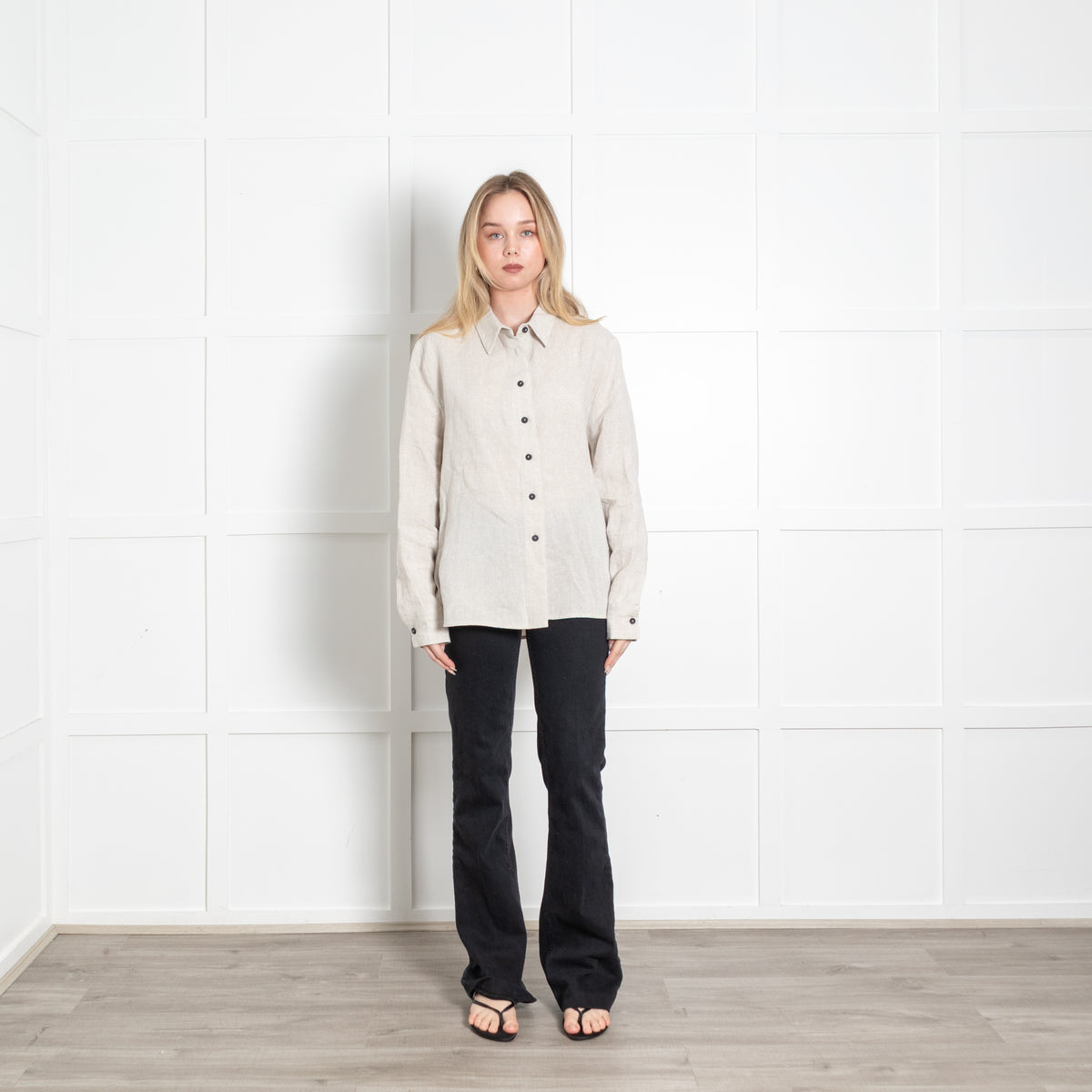 Sarah Pacini Beige Shimmer Linen Oversized Shirt