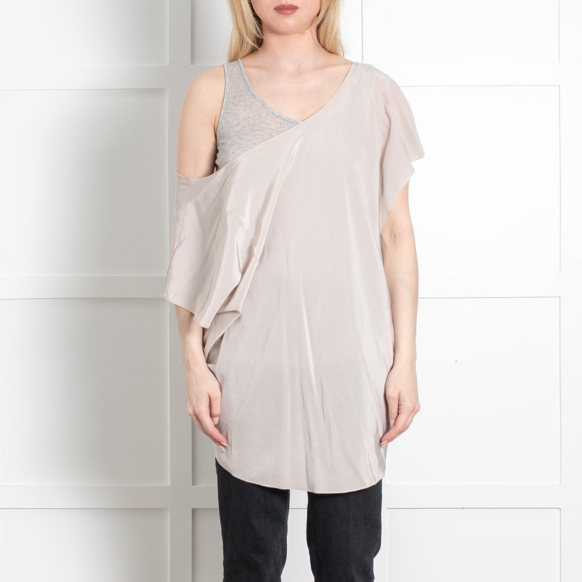 Sportmax Beige Silk Grey Vest Detail Insert Sleeveless Top