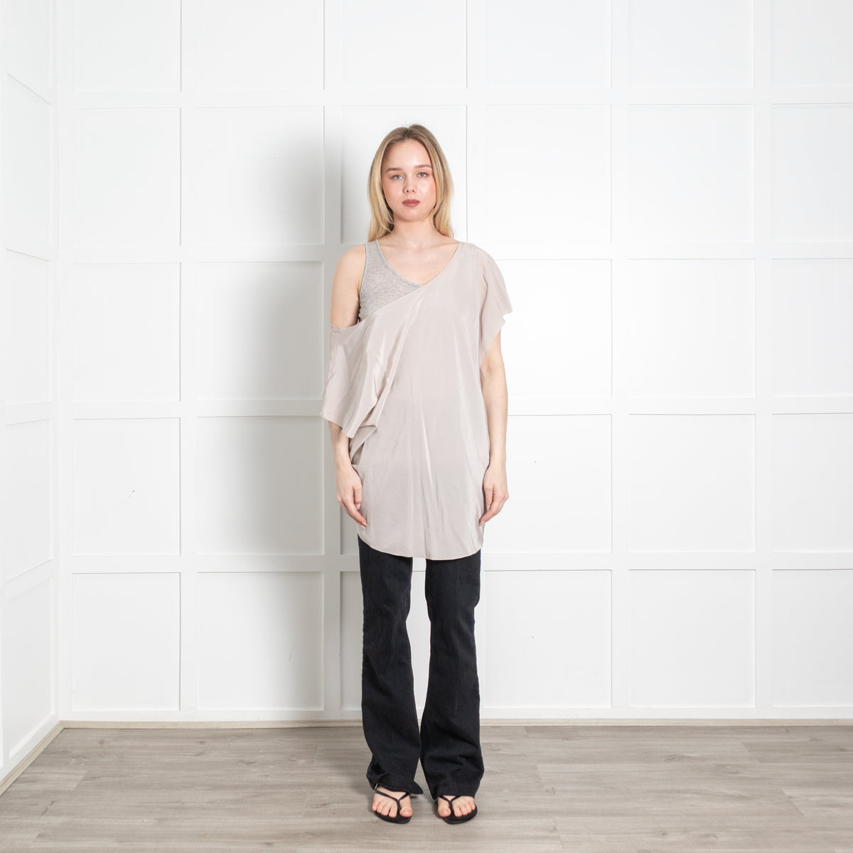 Sportmax Beige Silk Grey Vest Detail Insert Sleeveless Top