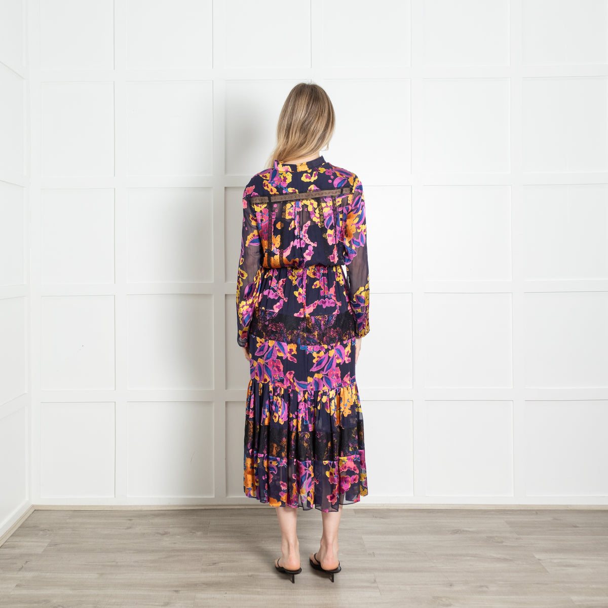 Saloni Navy Purple Yellow Floral Devore Midi Dress With Slip
