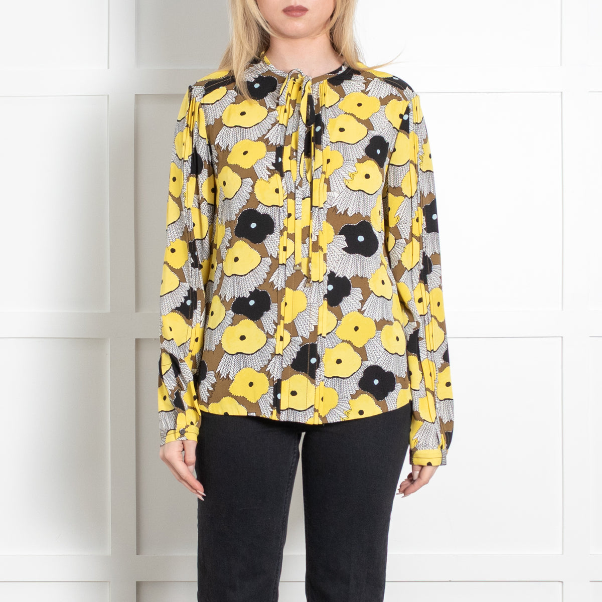Diane Von Furstenberg Yellow Black Floral Long Sleeve Blouse