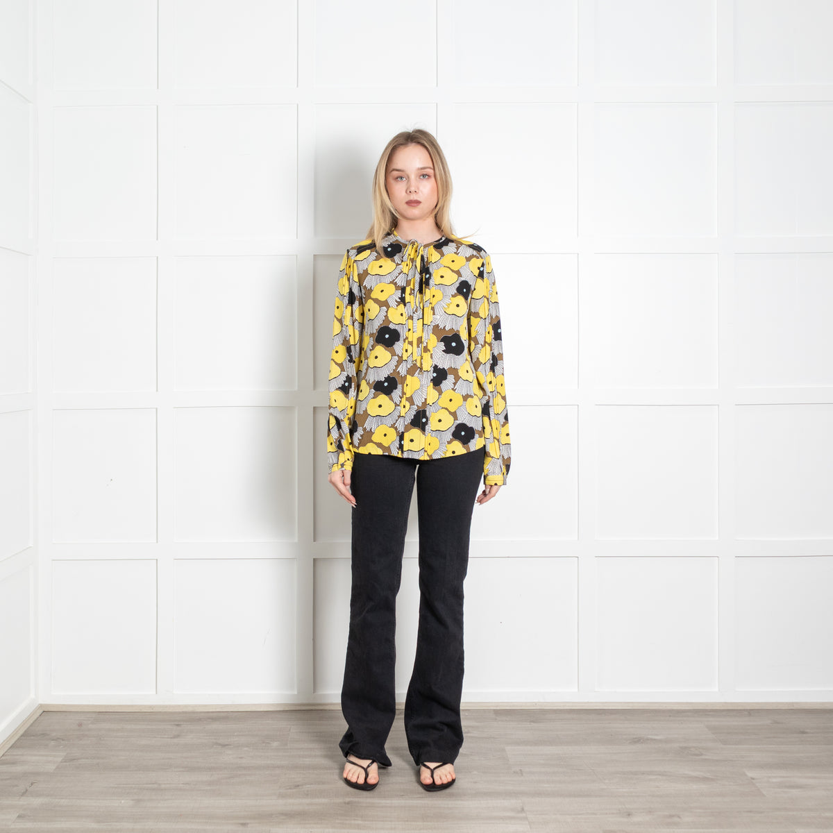 Diane Von Furstenberg Yellow Black Floral Long Sleeve Blouse