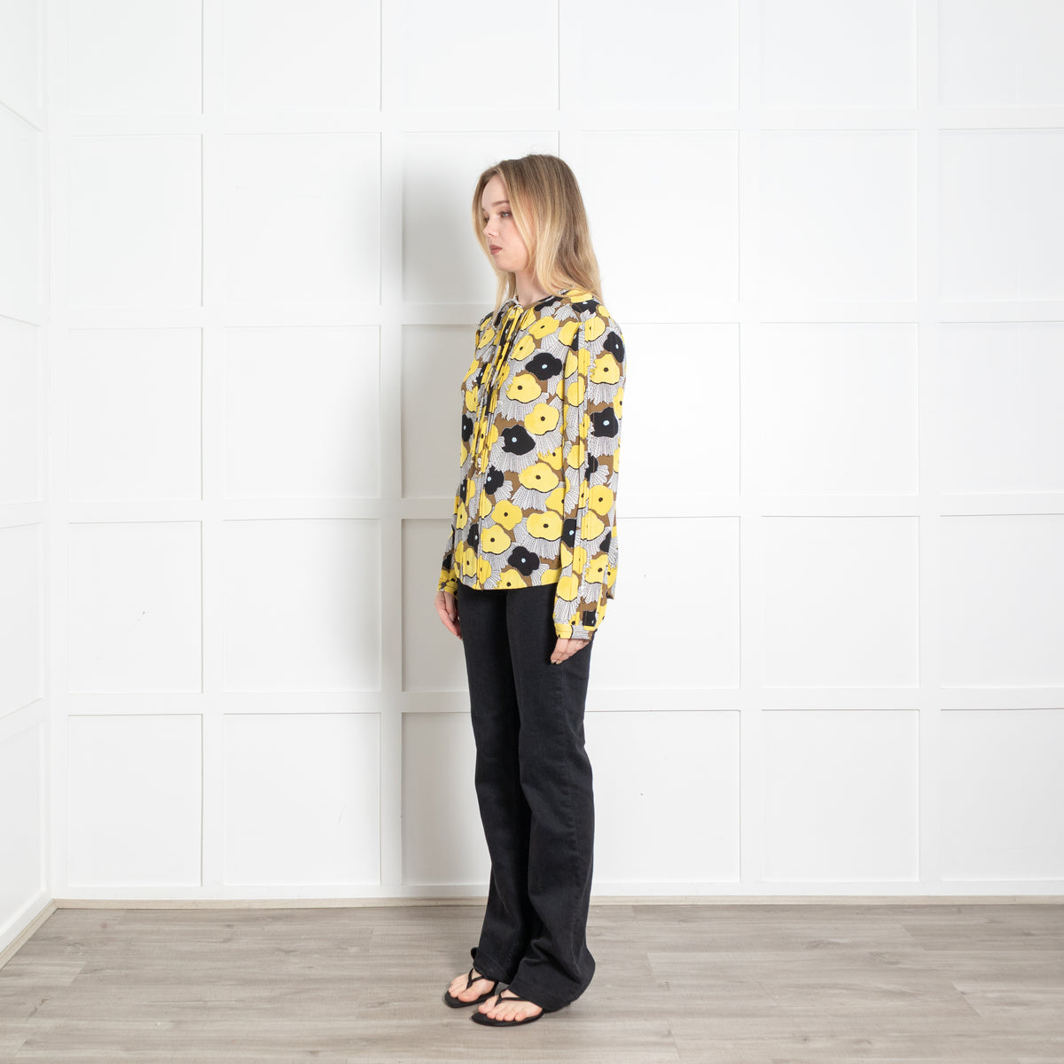 Diane Von Furstenberg Yellow Black Floral Long Sleeve Blouse