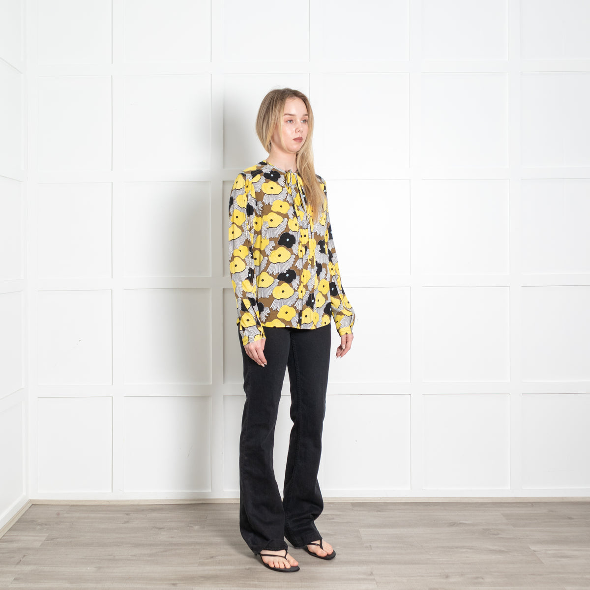 Diane Von Furstenberg Yellow Black Floral Long Sleeve Blouse
