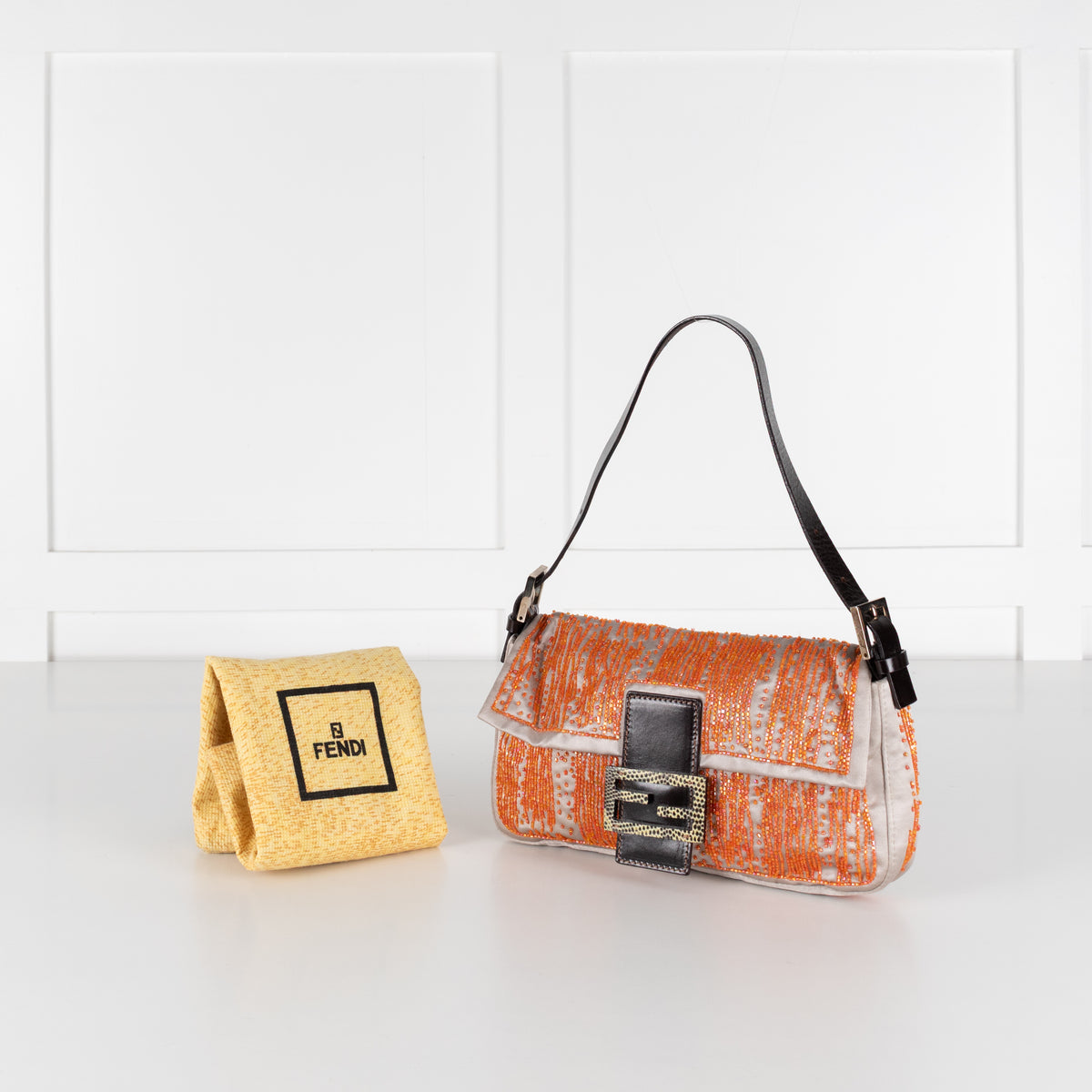 Fendi Taupe Satin Orange Beaded Baguette Bag