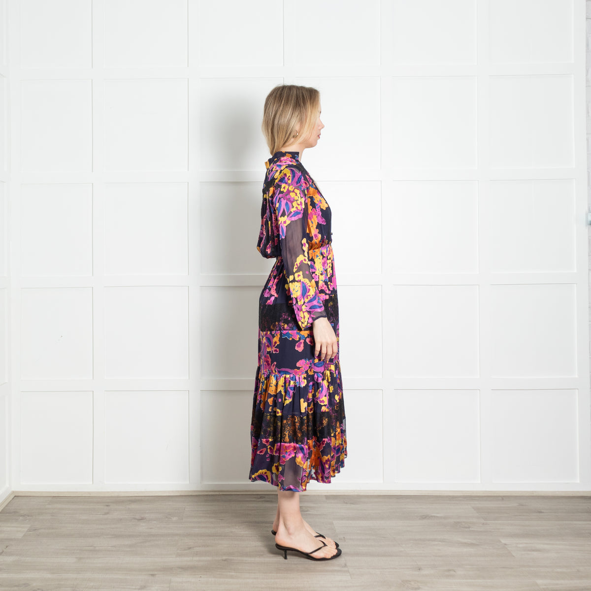 Saloni Navy Purple Yellow Floral Devore Midi Dress With Slip