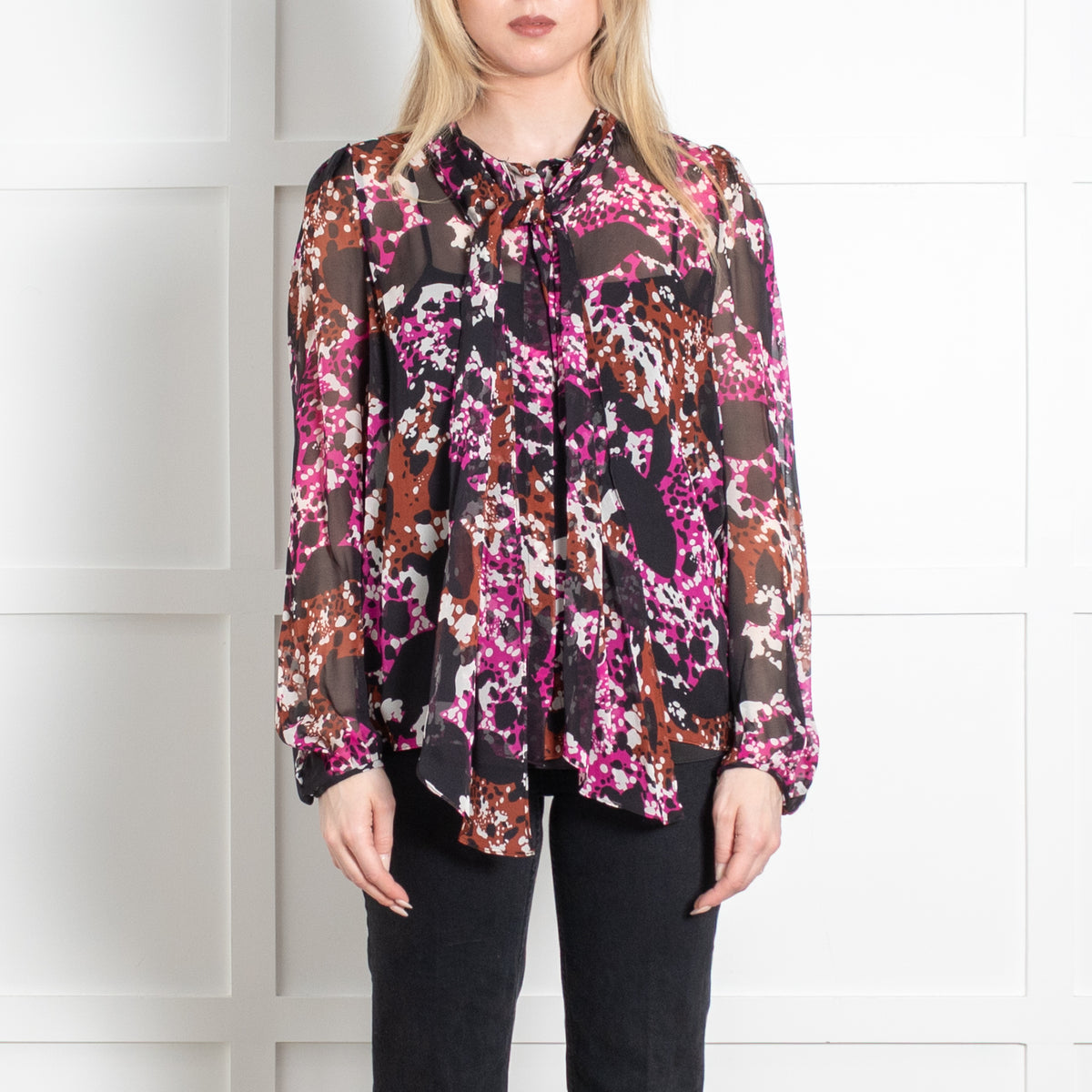 Diane Von Furstenberg Black Pink Brown Jezebel Print Chiffon Blouse