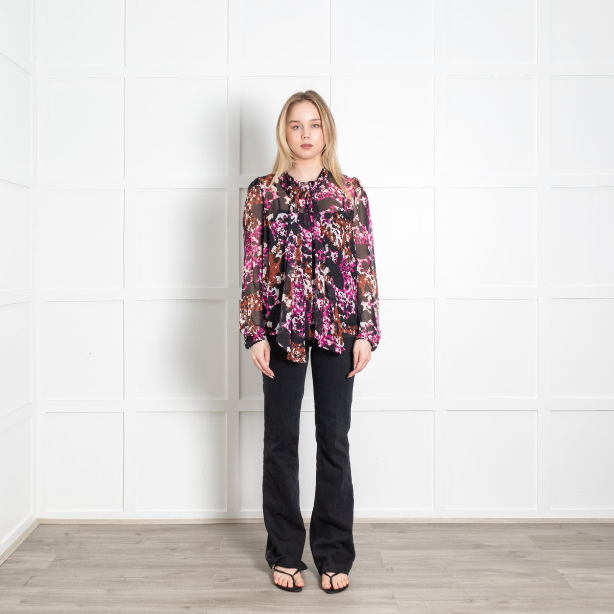 Diane Von Furstenberg Black Pink Brown Jezebel Print Chiffon Blouse