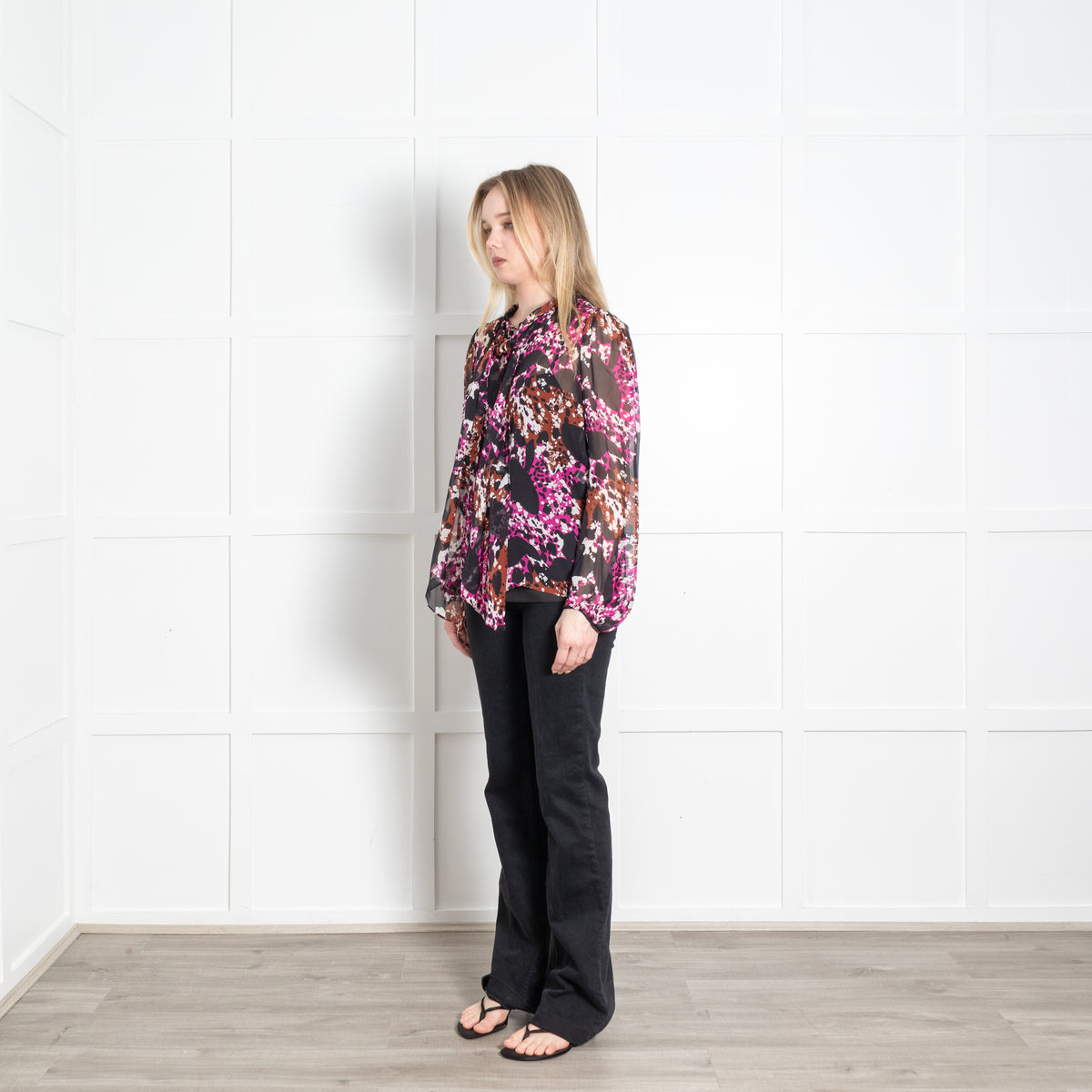 Diane Von Furstenberg Black Pink Brown Jezebel Print Chiffon Blouse