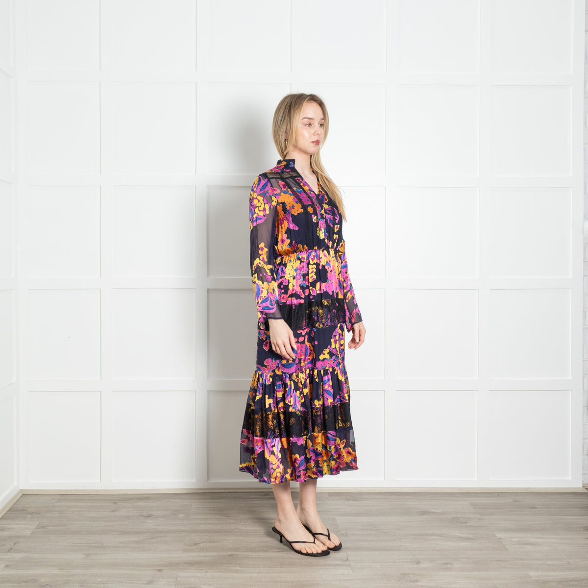 Saloni Navy Purple Yellow Floral Devore Midi Dress With Slip