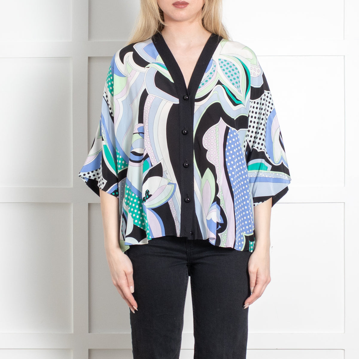 Emilio Pucci Black Pastel Print Silk Front Short Sleeve Cardigan Top