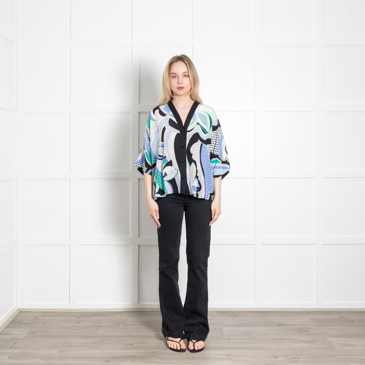 Emilio Pucci Black Pastel Print Silk Front Short Sleeve Cardigan Top