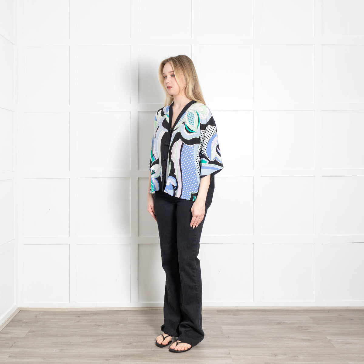 Emilio Pucci Black Pastel Print Silk Front Short Sleeve Cardigan Top