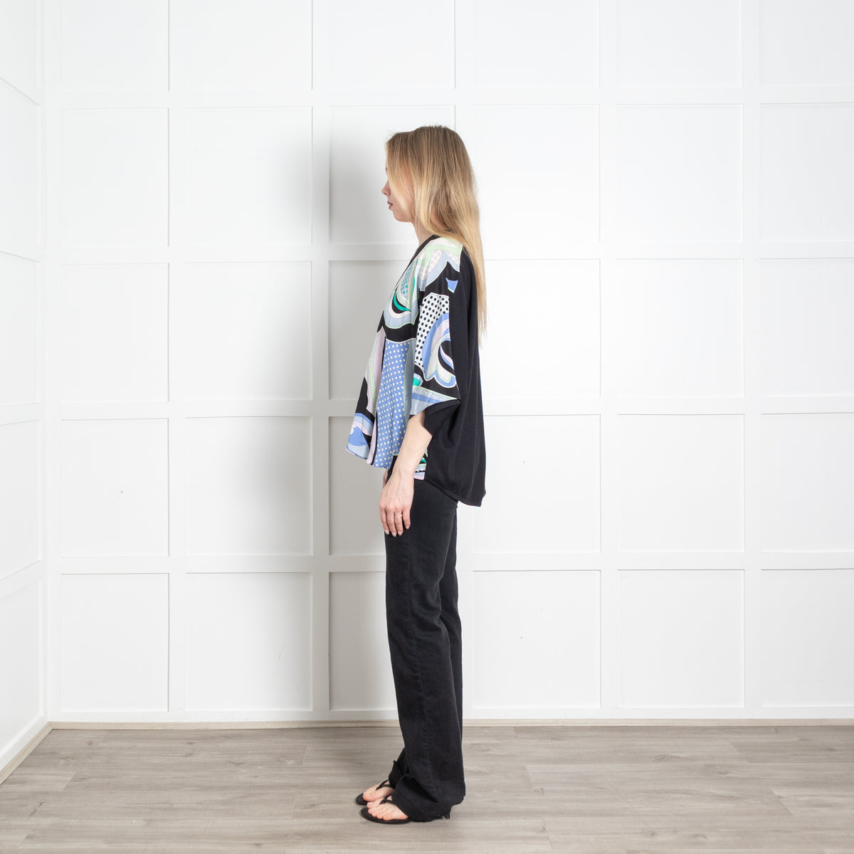 Emilio Pucci Black Pastel Print Silk Front Short Sleeve Cardigan Top