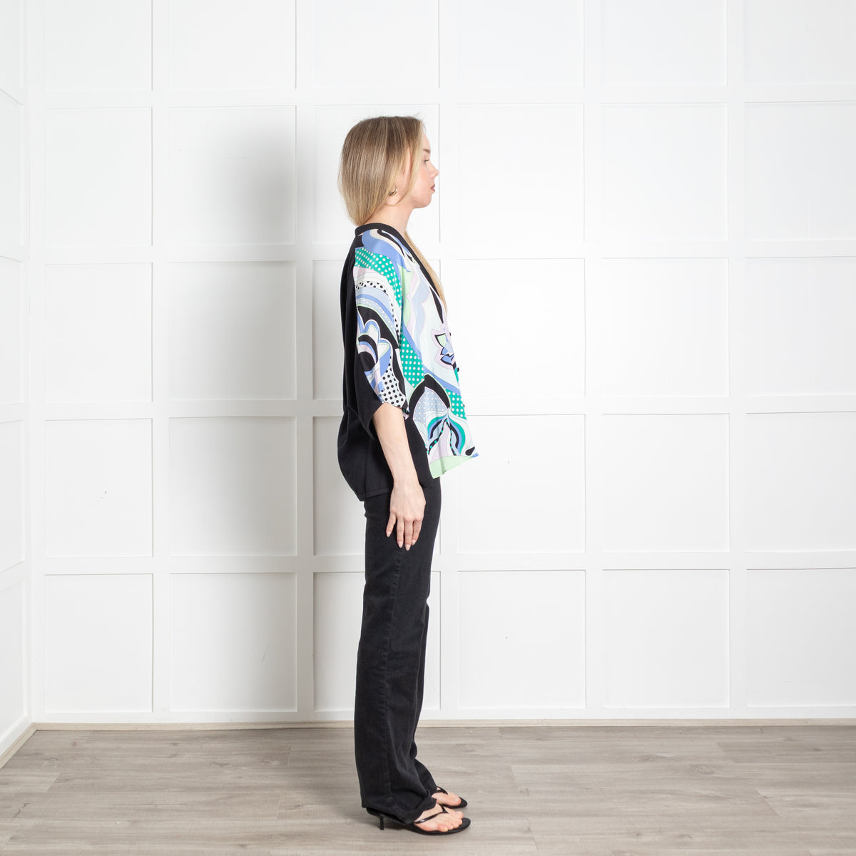 Emilio Pucci Black Pastel Print Silk Front Short Sleeve Cardigan Top