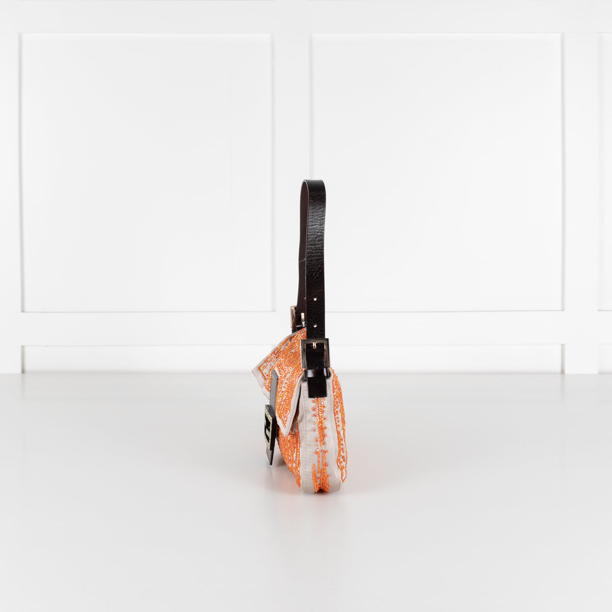 Fendi Taupe Satin Orange Beaded Baguette Bag