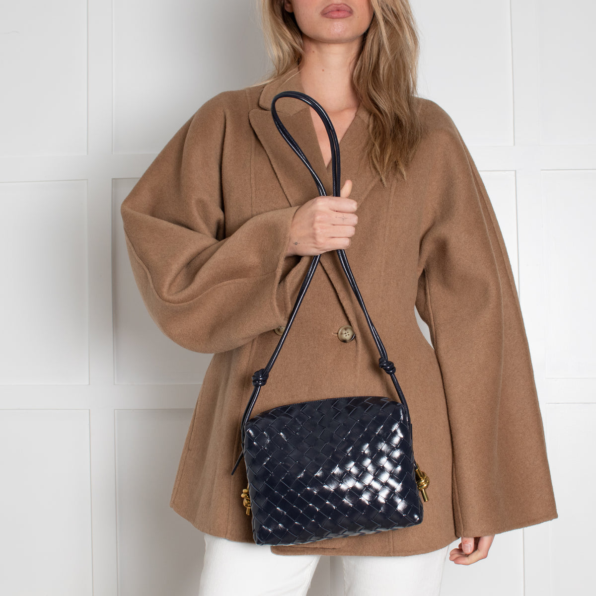Bottega Veneta Navy Glossy Intrecciato Leather Loop Small Camera Bag