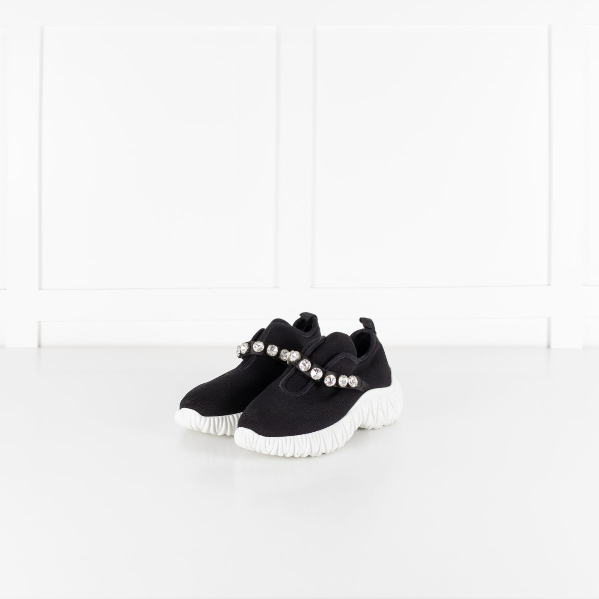 Miu Miu Black Knit Crystal Embellished Slip On Sneakers