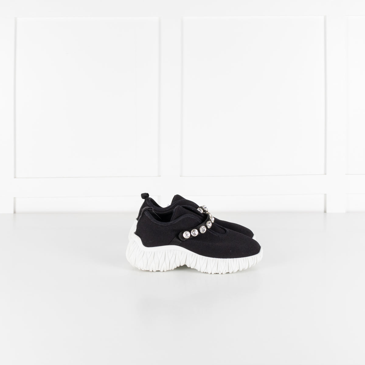 Miu Miu Black Knit Crystal Embellished Slip On Sneakers