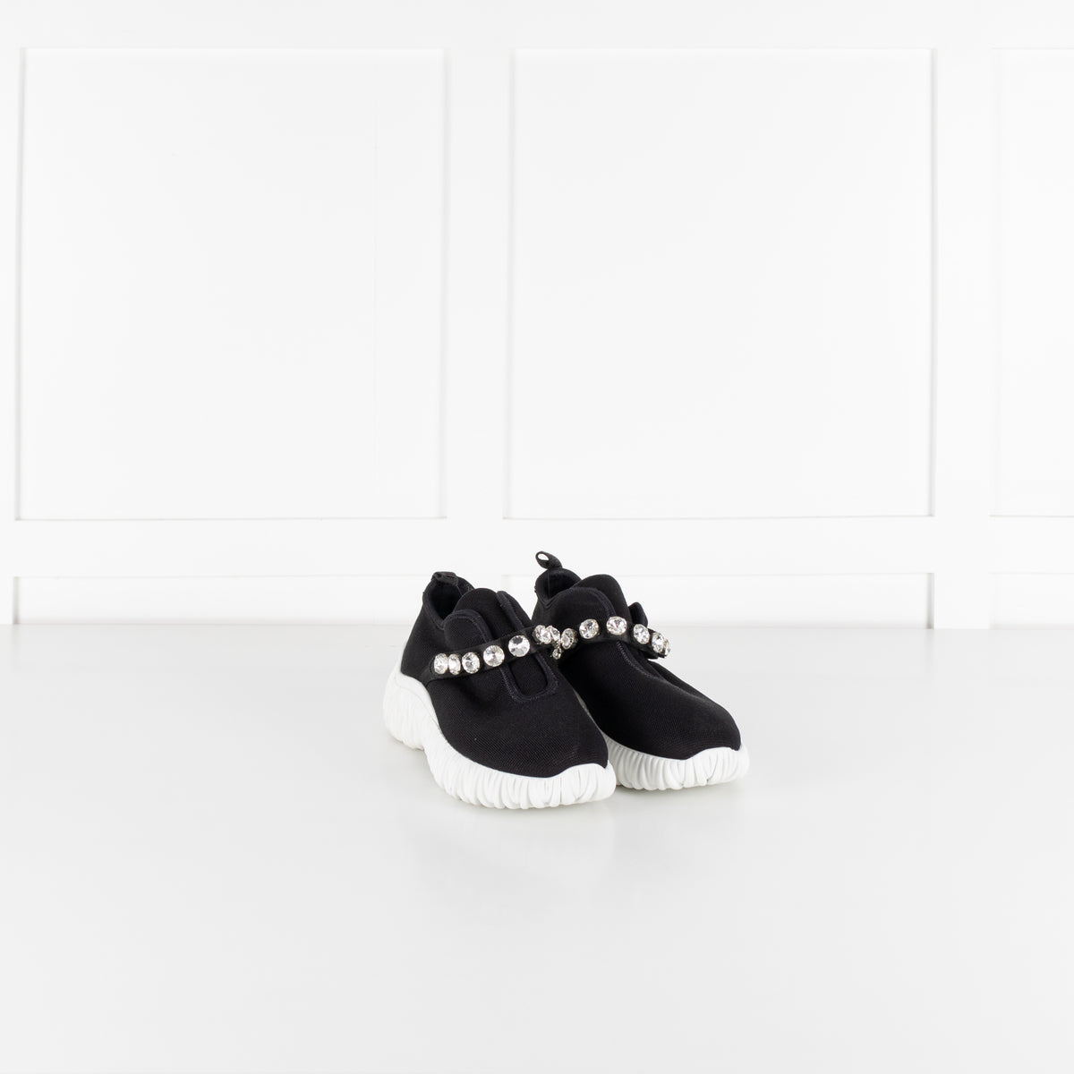 Miu Miu Black Knit Crystal Embellished Slip On Sneakers