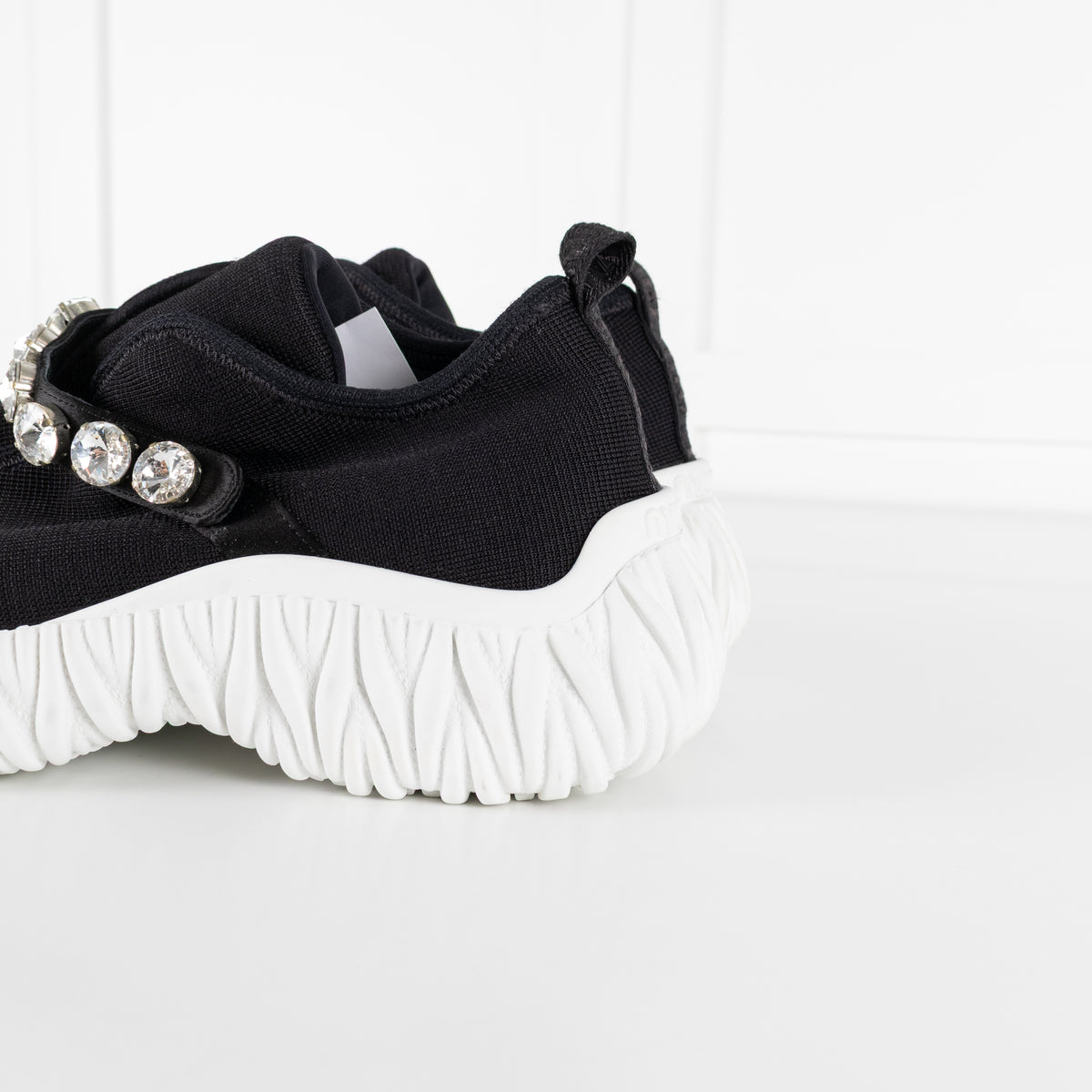 Miu Miu Black Knit Crystal Embellished Slip On Sneakers