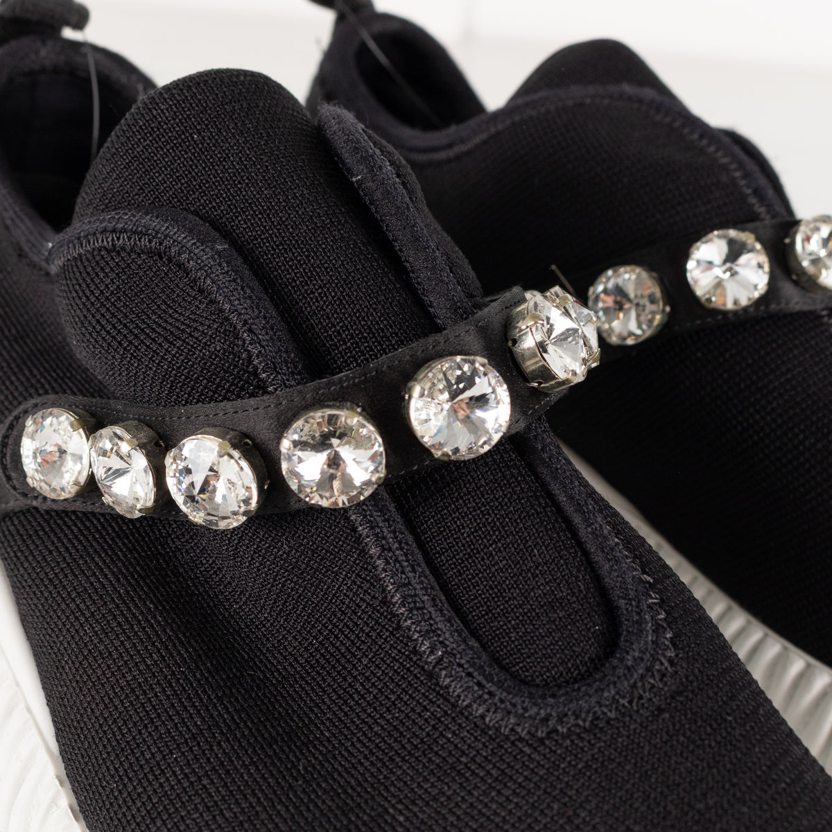 Miu Miu Black Knit Crystal Embellished Slip On Sneakers