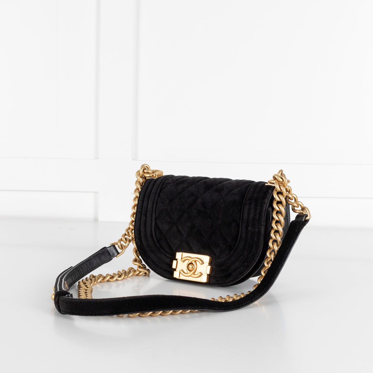 Chanel Small Boy black velvet messenger shoulder bag