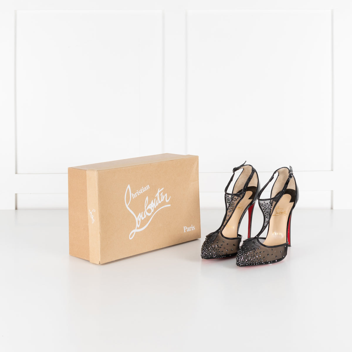 Christian Louboutin Black Salopatina Mesh And Crystal T-Strap Shoes
