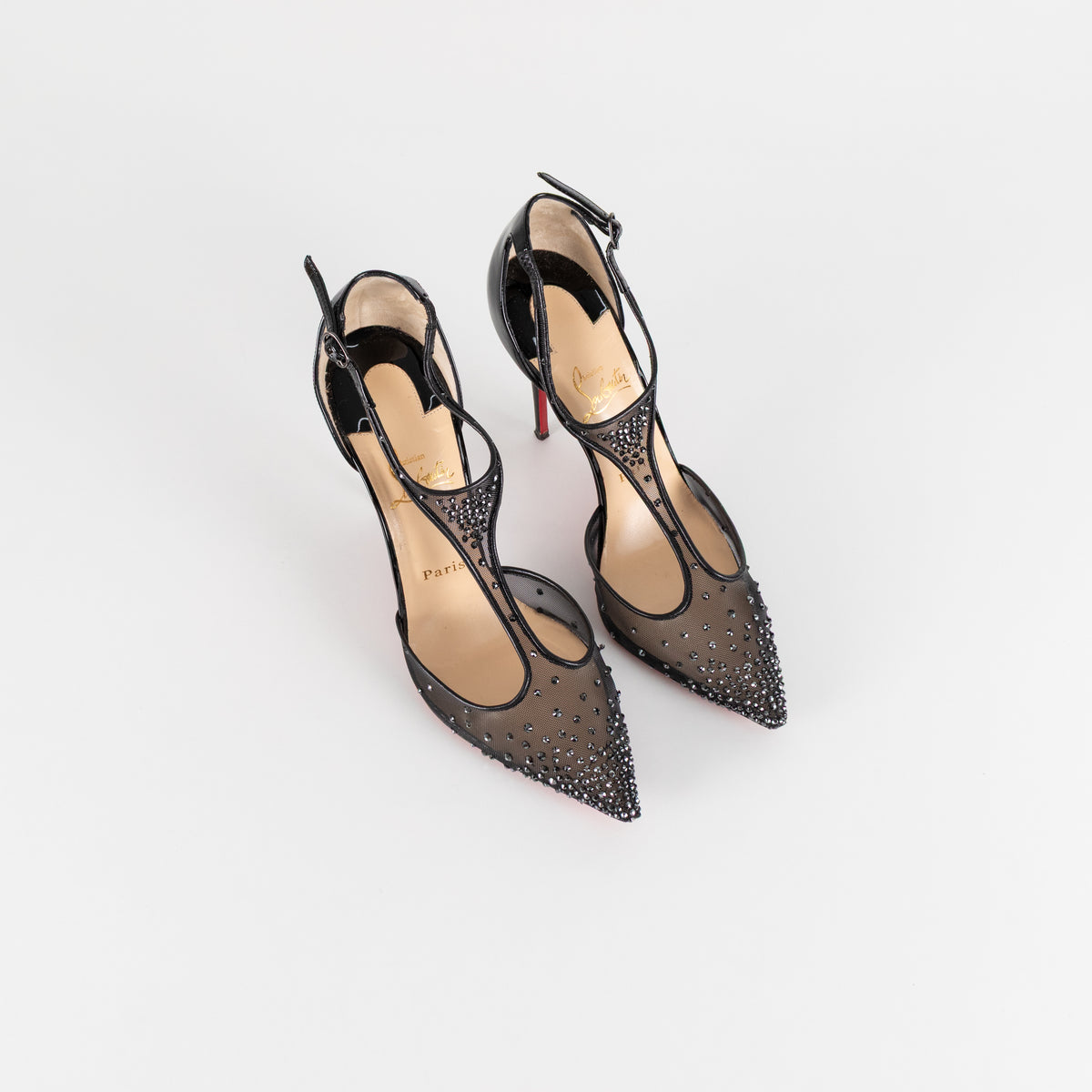 Christian Louboutin Black Salopatina Mesh And Crystal T-Strap Shoes