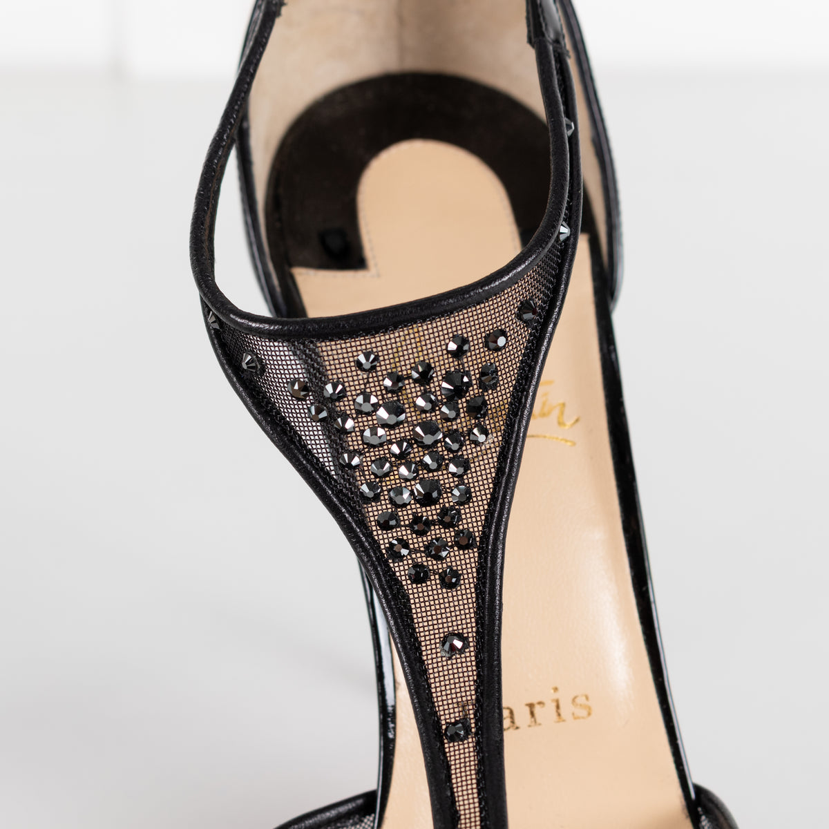 Christian Louboutin Black Salopatina Mesh And Crystal T-Strap Shoes