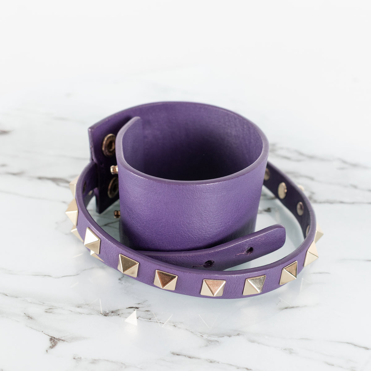 Valentino Garavani Rockstud Gold Tone Purple Leather Double Cuff Bracelet