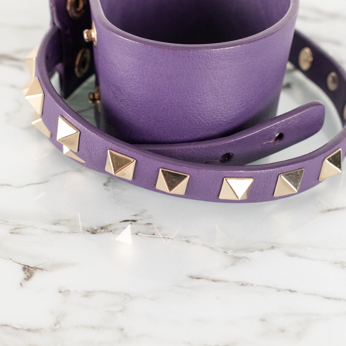 Valentino Garavani Rockstud Gold Tone Purple Leather Double Cuff Bracelet