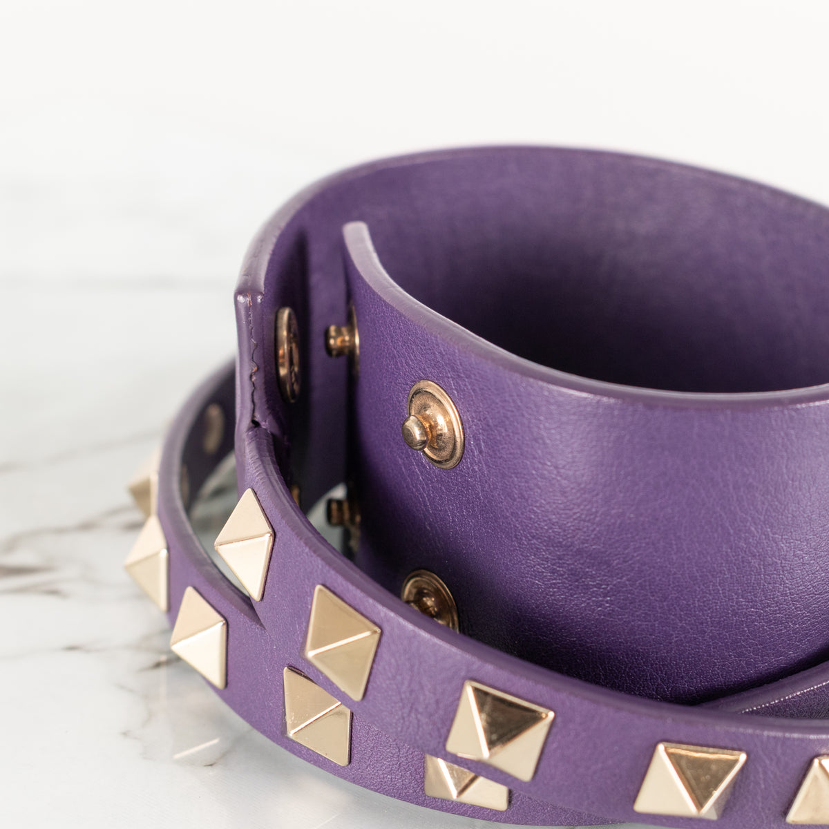 Valentino Garavani Rockstud Gold Tone Purple Leather Double Cuff Bracelet