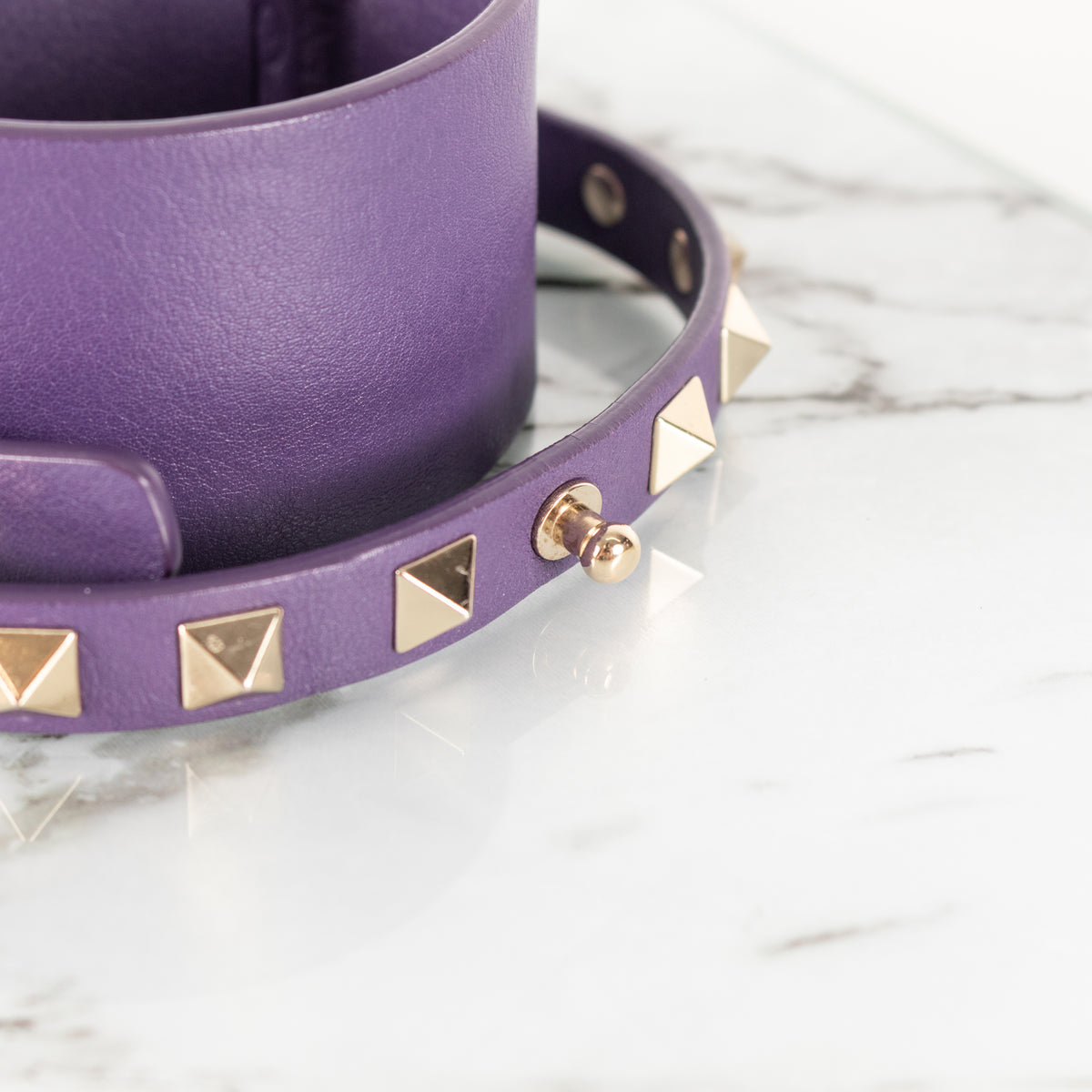 Valentino Garavani Rockstud Gold Tone Purple Leather Double Cuff Bracelet