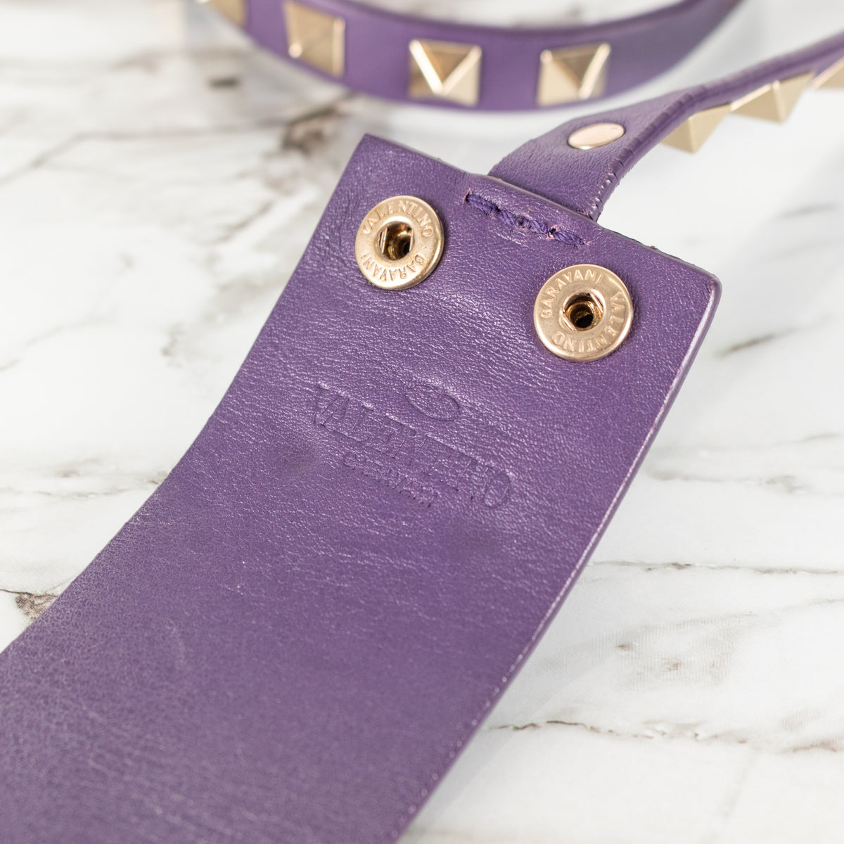 Valentino Garavani Rockstud Gold Tone Purple Leather Double Cuff Bracelet