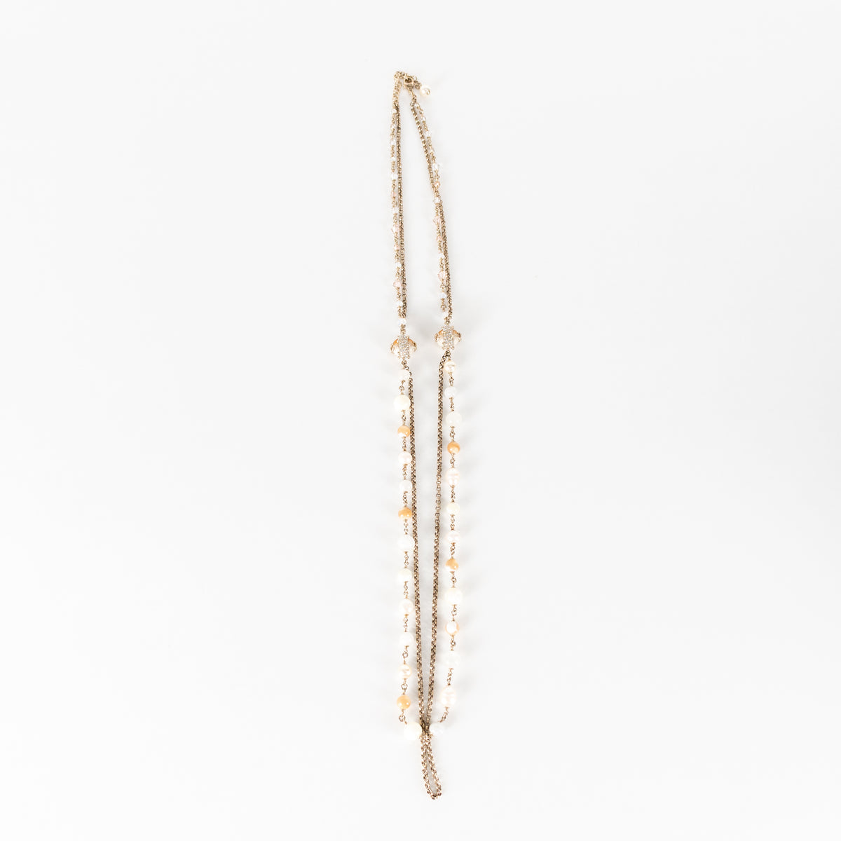 Chanel Cream Caramel Bead Faux Pearl Metal Long Necklace