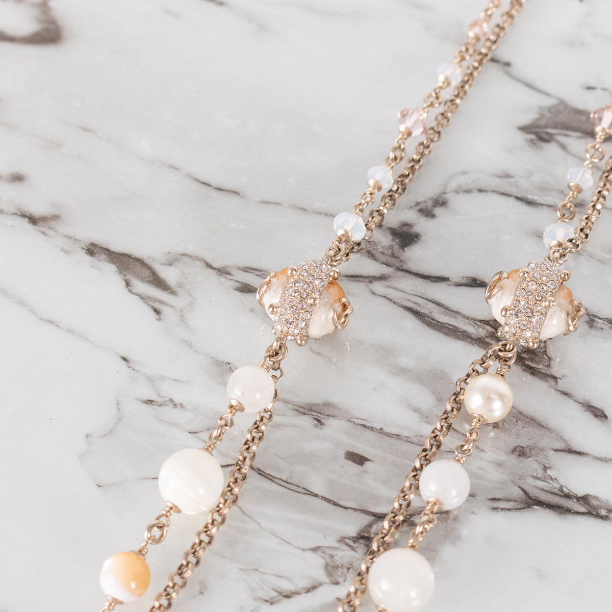 Chanel Cream Caramel Bead Faux Pearl Metal Long Necklace