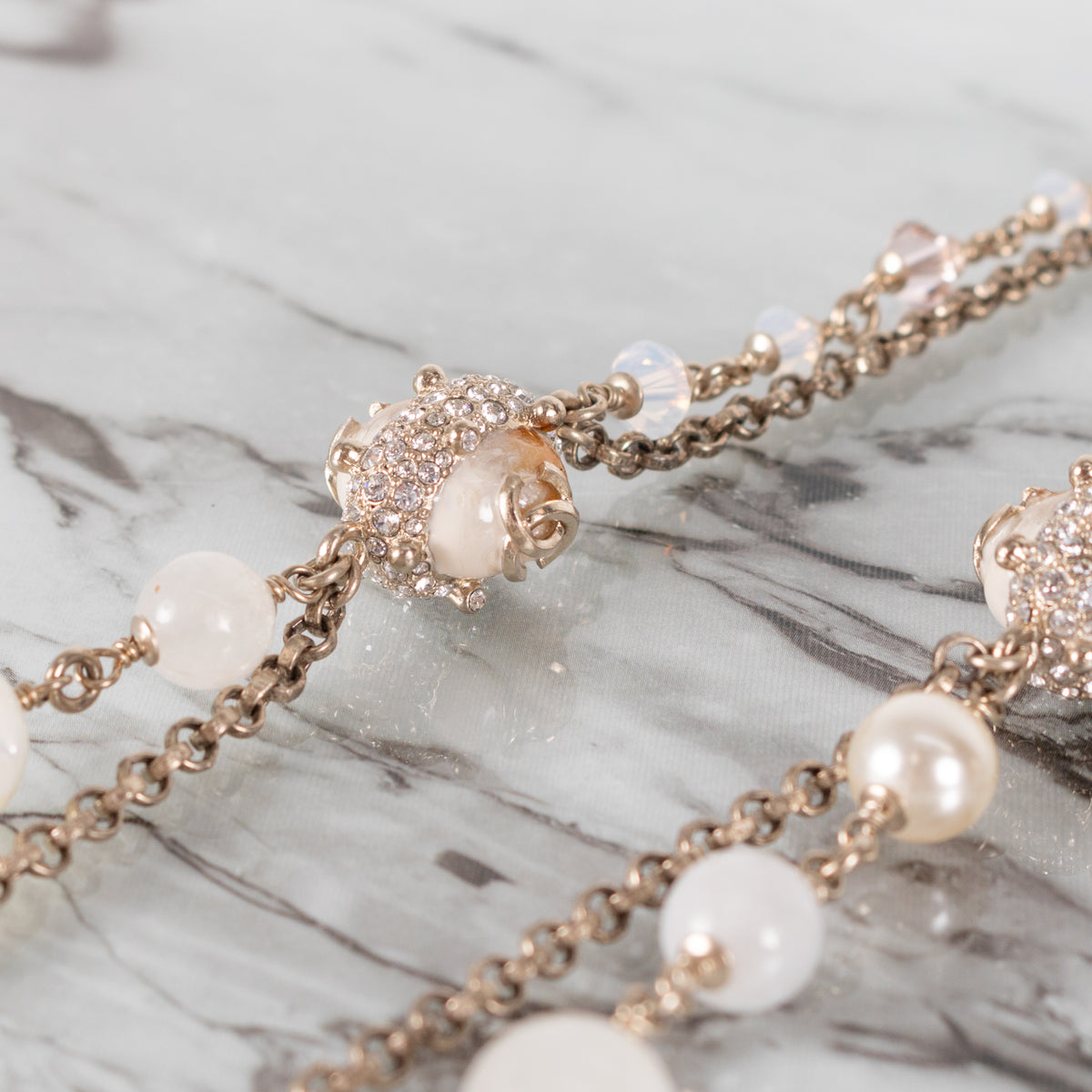 Chanel Cream Caramel Bead Faux Pearl Metal Long Necklace